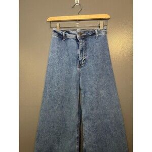 Zara Jeans Womens 2 Blue Wide Leg High Rise Raw Hem Patch Pocket Denim